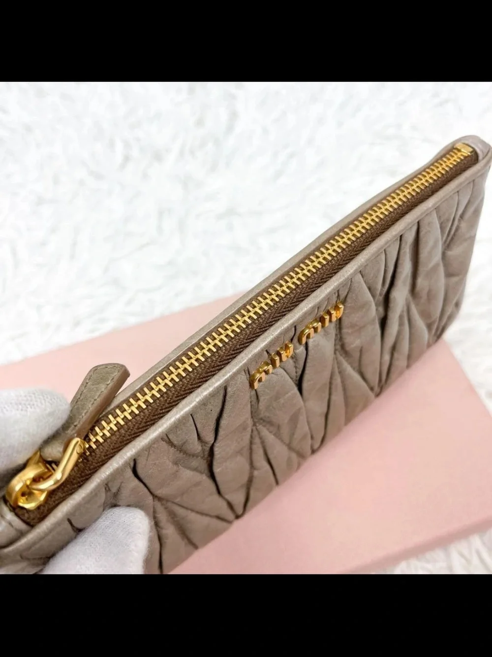 Miu Miu Metallic Taupe Matelassé Zip Wallet with Gold Logo